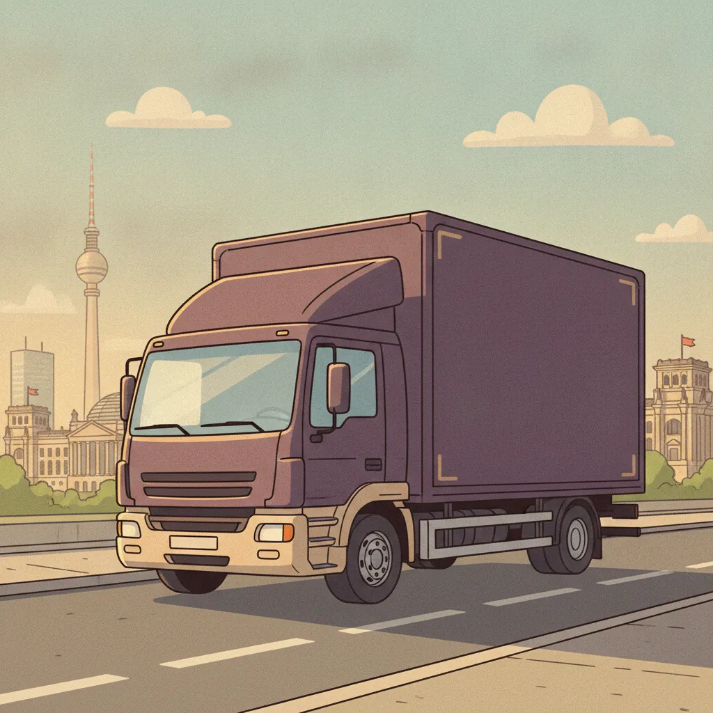 Comic-Illustration: geschlossener Umzugstransporter erreicht Berlin – Umzug von Hannover nach Berlin