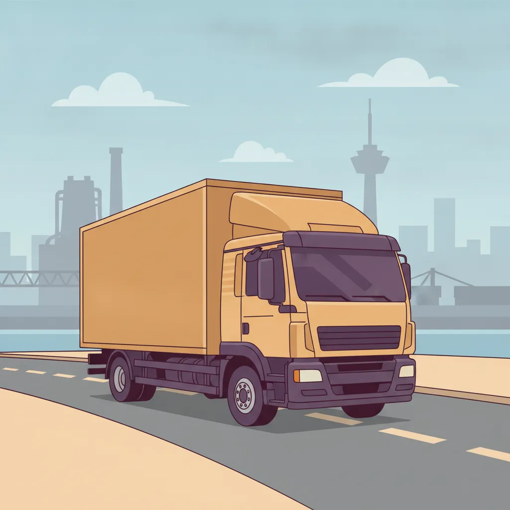 Comic-Illustration: geschlossener Umzugstransporter erreicht Duisburg – Umzug von Hannover nach Duisburg