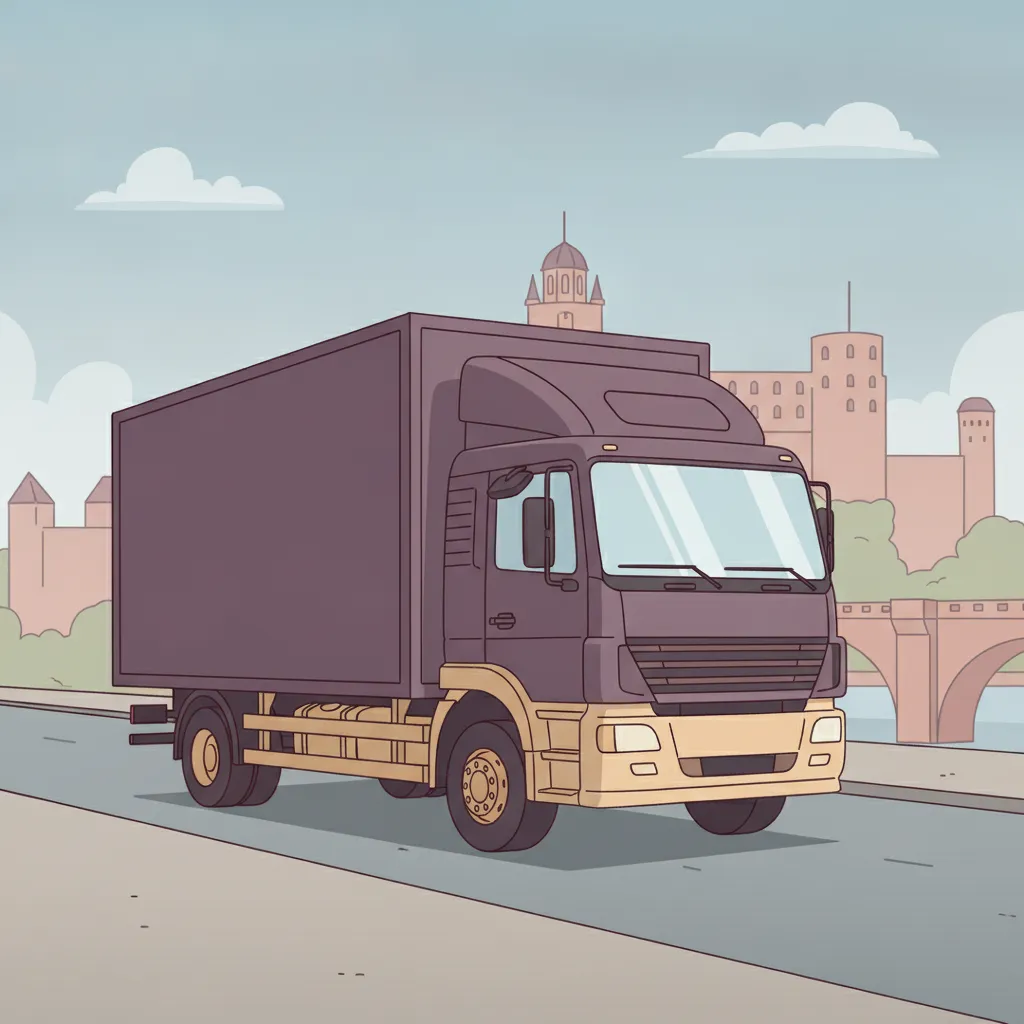 Comic-Illustration: geschlossener Umzugstransporter erreicht Heidelberg – Umzug von Hannover nach Heidelberg