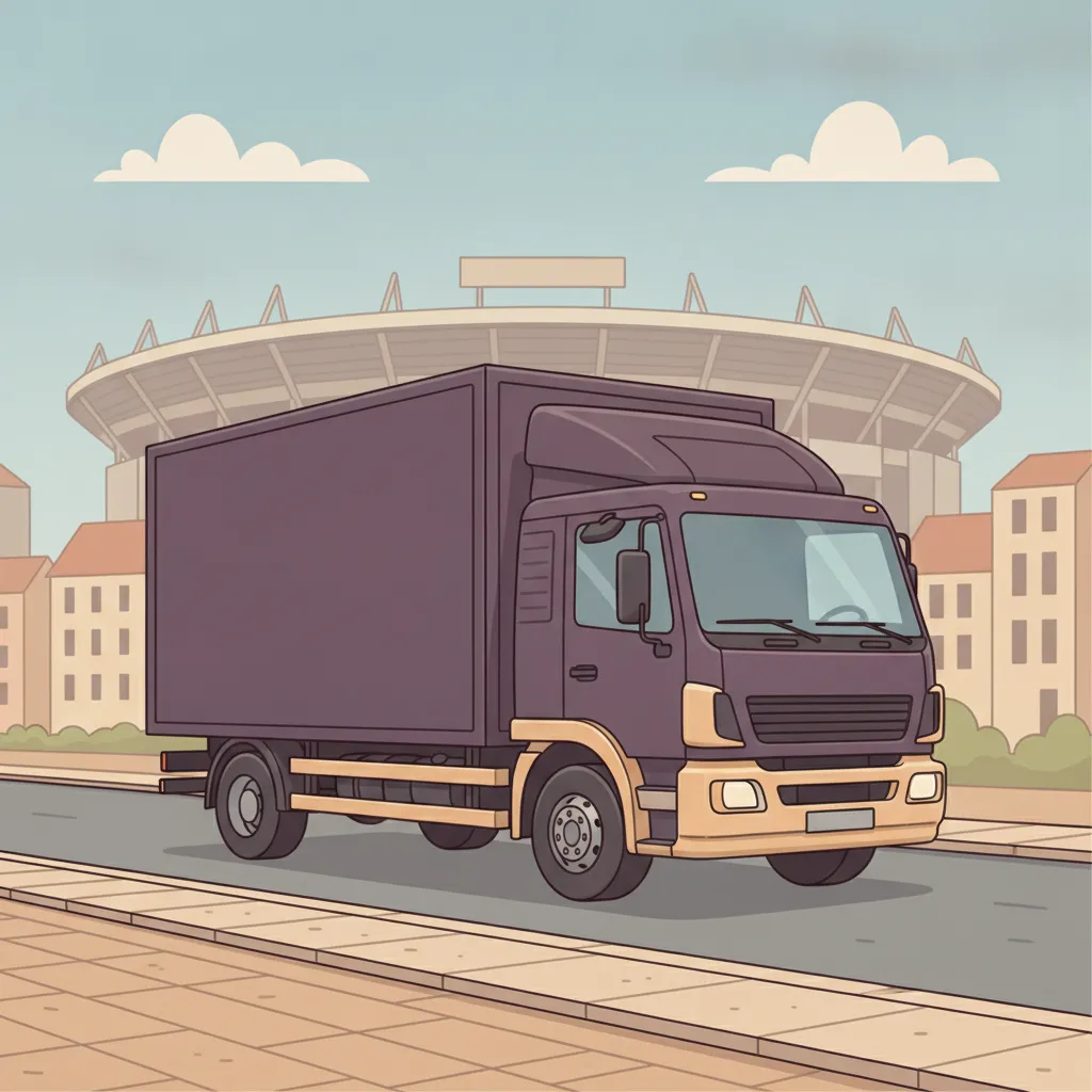 Comic-Illustration: geschlossener Umzugstransporter erreicht Kaiserslautern – Umzug von Hannover nach Kaiserslautern
