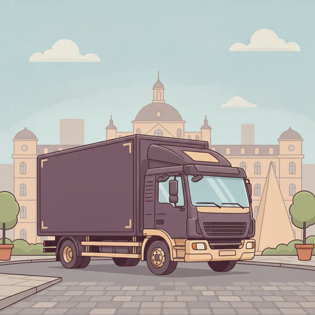 Comic-Illustration: geschlossener Umzugstransporter erreicht Karlsruhe – Umzug von Hannover nach Karlsruhe