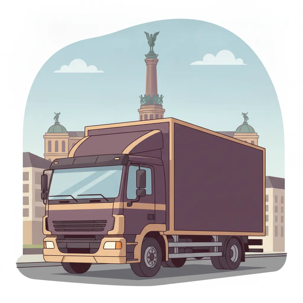 Comic-Illustration: geschlossener Umzugstransporter erreicht Kassel – Umzug von Hannover nach Kassel