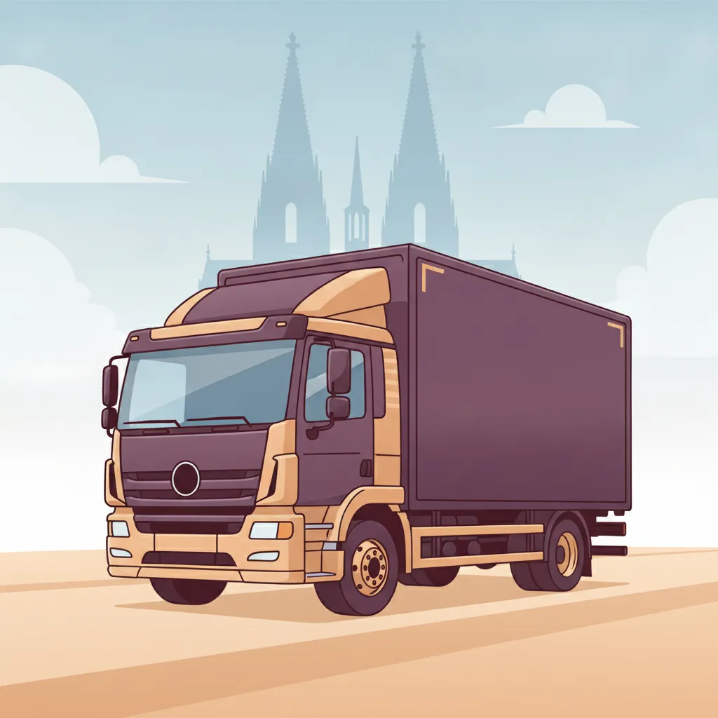 Comic-Illustration: geschlossener Umzugstransporter erreicht Köln – Umzug von Hannover nach Köln