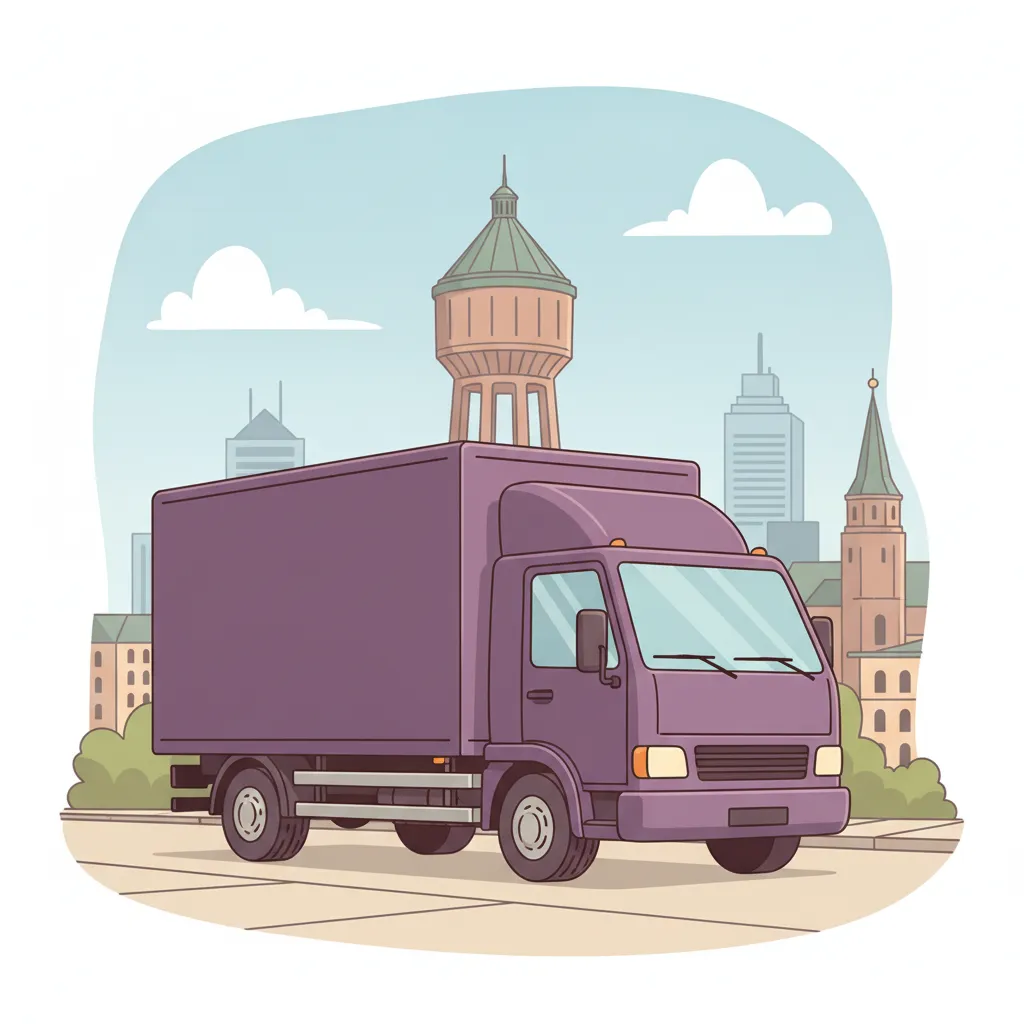 Comic-Illustration: geschlossener Umzugstransporter erreicht Mannheim – Umzug von Hannover nach Mannheim