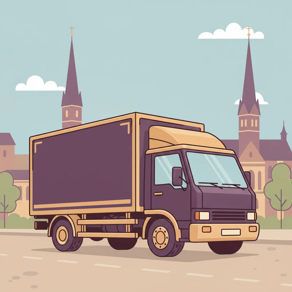 Comic-Illustration: geschlossener Umzugstransporter erreicht Rostock – Umzug von Hannover nach Rostock
