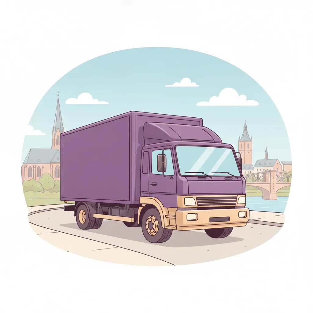 Comic-Illustration: geschlossener Umzugstransporter erreicht Saarbrücken – Umzug von Hannover nach Saarbrücken