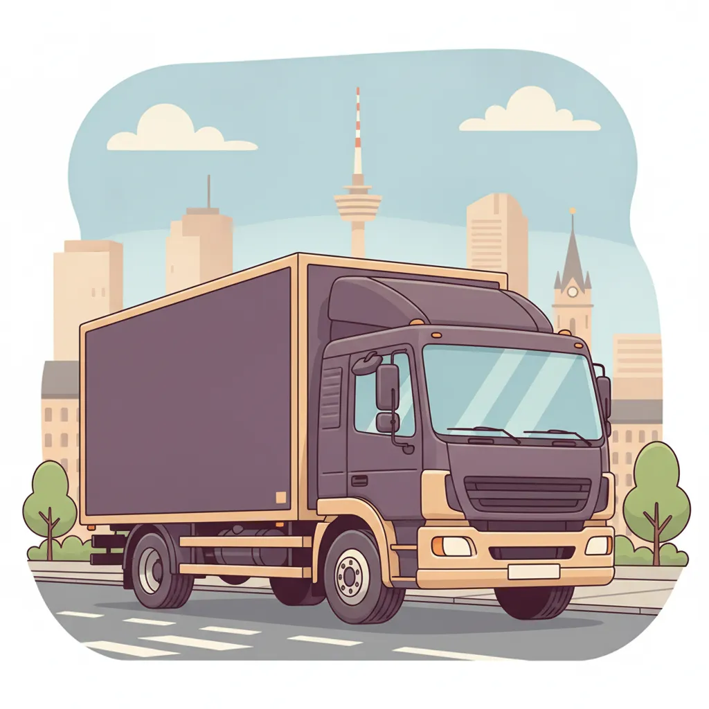 Comic-Illustration: geschlossener Umzugstransporter erreicht Stuttgart – Umzug von Hannover nach Stuttgart